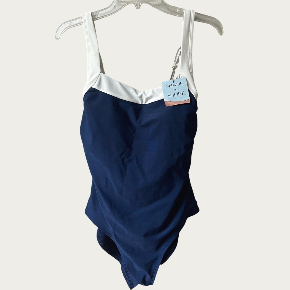 Shade & Shore Colorblock One Piece Swimsuit Womens Large Navy Blue White NWT